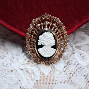 Vintage Cameo Brooch White Lady Gold Tone Filigree Pin Acrylic